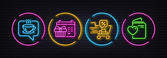 Coffee, Christmas calendar and Discounts cart minimal line icons. Neon laser 3d lights. Love document icons. For web, application, printing. Cafe, Presents day, Sale order. Registry office. Vector