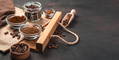 Coffee beans, ground and granulated coffee on a brown background. Side view, copy space.