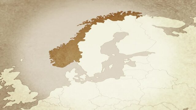 Vintage map showing Norway. From above zooming in.