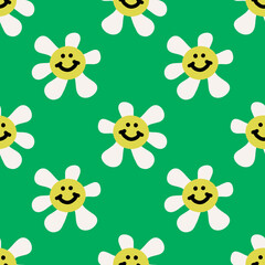 Groovy smiley face daisy blossom hippie flowers seamless pattern, vintage hippie bright color floral motif. Modern trendy contemporary fashion boho design. Stylized colorful elements on green