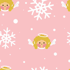 Fototapeta premium Seamless Christmas pattern with cute angel and snowflakes. Cartoon characters on xmas. Great for stationery, gift wrap, Christmas decor, home decor, invitations, backdrop, textile