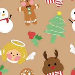 Seamless christmas pattern with cute cartoon characters on xmas. Christmas holiday winter. Great for stationery, gift wrap, Christmas decor, home decor, invitations, backdrop, textile