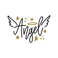 Angel lettering teen age youth text girl concept with wings and nimbus. Lettering typography illustration. Calligraphy beautiful inscription, letters isolated on white background. Perfect phrase for t