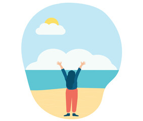 Happy woman with raised hands in front of the beach. A joyful girl doing stretching exercise with open arms. Concept of body positive, landscape and mental health wellbeing. Back view illustration