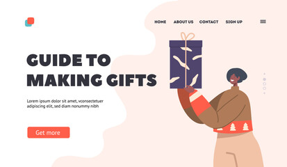 Gift Guide Landing Page Template. Festive Event, Holidays Celebration, Surprise Concept. Happy African Female Character