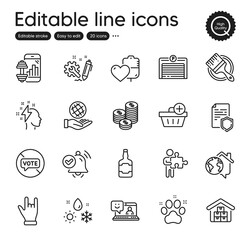 Set of Business outline icons. Contains icons as Coins, Puzzle and Wholesale goods elements. Work home, Safe planet, Add purchase web signs. Data security, Blood, Whiskey bottle elements. Vector