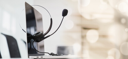 Communication support, call center and customer service help desk. VOIP headset for customer service support (call center) concept .