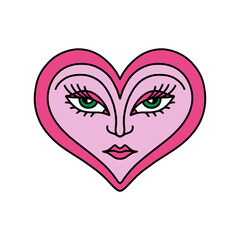 Bizarre Valentines day heart modern abstract face. Groovy emoji shape. Funky hippie mad weird 60s 70s sixties retro cartoon doodle style trendy fashion art. Illustration isolated on white background