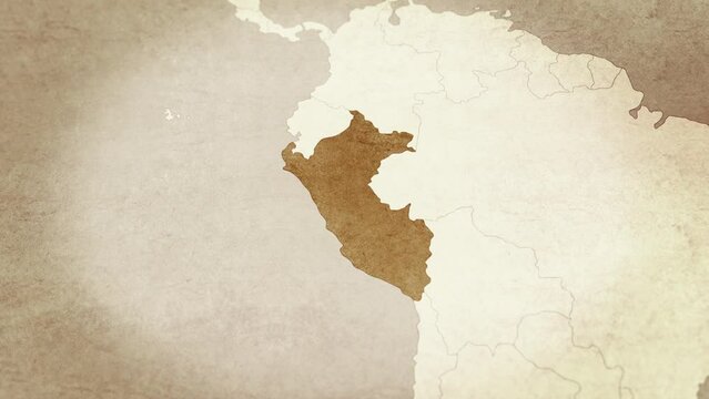 Vintage map showing Peru. From above zooming in.