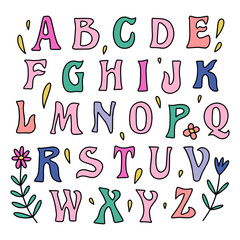 Hippie bohemian liquid groovy modern funky font alphabet 1960s with flowers characters in boho psychedelic style. Perfect for posters, collages, clothing, music albums, custom t shirt prints and more