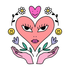 Bizarre Valentines day heart modern abstract face. Groovy emoji shape. Funky hippie mad weird 60s 70s sixties retro cartoon doodle style trendy fashion art. Illustration isolated on white background