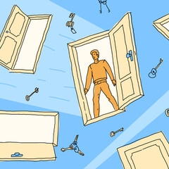 Vector illustration of a man looking for a way out