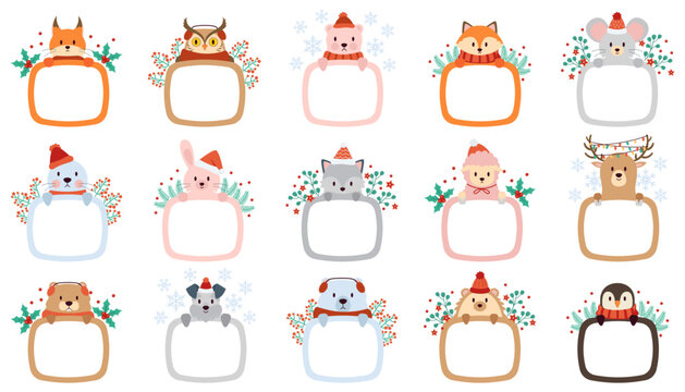Frames with winter animals flat icons Pictures decor element for house interior. Funny dog, hedgehog, penguin, bear and deer. Trendy Christmas plant decorations. Color isolated illustrations