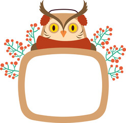 Cute owl flat icon Frame with christmas mistletoe