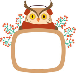 Cute owl flat icon Frame with christmas mistletoe