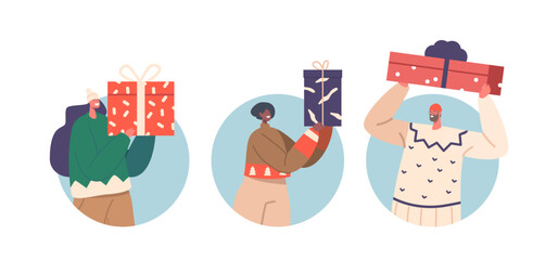 Characters Prepare For Winter Holiday Isolated Round Icons Or Avatars. People With Presents, Man And Women Holding Gifts