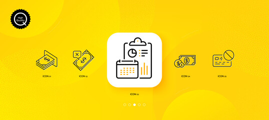 Fototapeta na wymiar Card, Report and Atm money minimal line icons. Yellow abstract background. Rejected payment, Dollar money icons. For web, application, printing. Bank payment, Accounting, Dollar currency. Vector