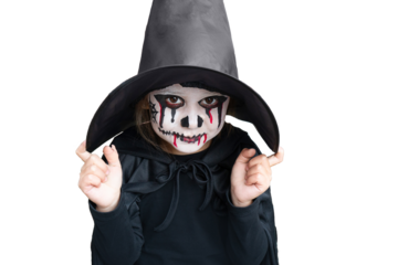 Scary little girl in a witch costume smiles on transparent background. Halloween and day of the dead concept