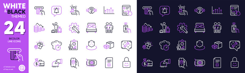 Donate, Customisation and Money loss line icons for website, printing. Collection of Gift, Reject file, Packing boxes icons. Salary, Location app, Growth chart web elements. Vector