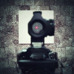 View through red dot sight on a rifle at a target for shooting in shooting range.