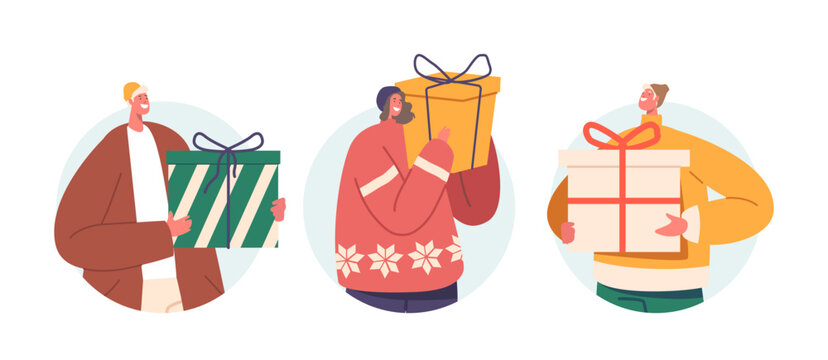 Happy People With Presents Isolated Round Icons Or Avatars. Woman And Men Holding Gift Boxes For Christmas Or New Year