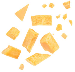 Flying Pieces of parmesan cheese isolated on white background. Hard mature cheese Parmesan, Parmigiano in rough chunks