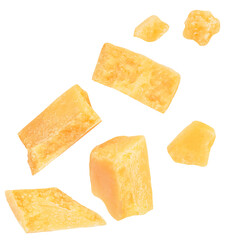 Flying Pieces of parmesan cheese isolated on white background. Hard mature cheese Parmesan, Parmigiano in rough chunks
