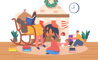 Granny Sitting on Rocking Chair Read Book to Little Girls and Boys Characters near Decorated Fire Place at Xmas Eve