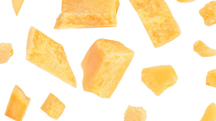 Pieces of parmesan cheese isolated on white background. Hard mature cheese Parmesan, Parmigiano in rough pieces top view, flat lay. Pattern.