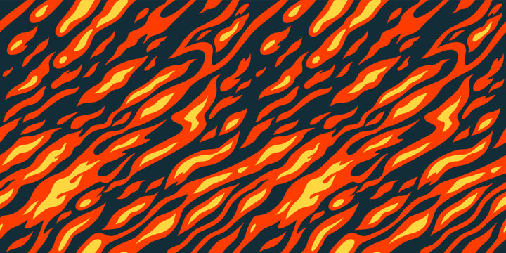 Orange and Yellow Flame on Dark Background. Vector Seamless Pattern. Cartoon Fire Texture. Abstract Background with Smoke and Flames