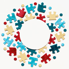 Autism Awareness Day, World Autism Day, round circle blank frame with puzzle pieces around, copy-space. Design element or background for flyer, poster for Health Care Awareness campaign for Autism