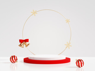 3D rendering white and red product display stand with bell, snowflakes and baubles decoration on white background. Luxury Christmas product presentation scene.