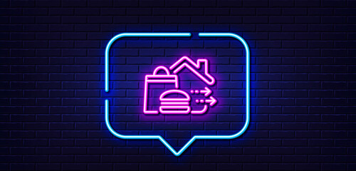 Neon light speech bubble. Food delivery line icon. Burger meal sign. Catering service symbol. Neon light background. Food delivery glow line. Brick wall banner. Vector