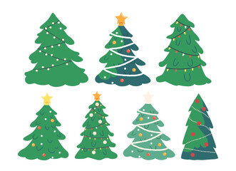 Set of Christmas Trees, Isolated Pines Collection for Greeting Card, Invitation. New Year and Xmas, Traditional Fir-Tree