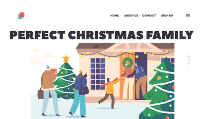 Perfect Family Christmas Landing Page Template. Happy Grandparents Meet Family at Home for Holidays Celebration
