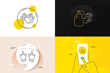 Minimal set of Teamwork, Smartphone holding and Wash hands line icons. Phone screen, Quote banners. Move gesture icons. For web development. Networking, Phone, Liquid soap. Swipe. Vector