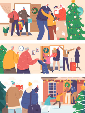 Set Happy Family Characters Meeting for Christmas Holidays. Parents with Children Visit Grandparents at Home