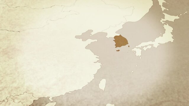 Vintage map showing South Korea. From above zooming in.