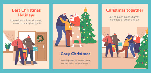 People Visit Grandmother and Grandfather House Cartoon Banners. Happy Family Characters Visit Grandparents Home