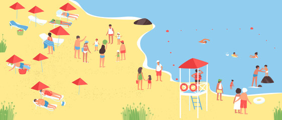 Resting on the sea, people swim and sunbathe under the supervision of a lifeguard on the tower. Summer vacation at sea. Flat vector illustration.