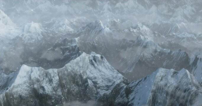 Snowy peaks of 3D realistic mountains in snowfall aerial drone like cinematic footage. Nature landscape with computer graphics, 4K, ProRes 422