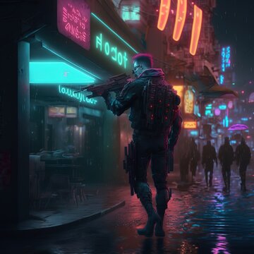 Cyberpunk man with gun in street