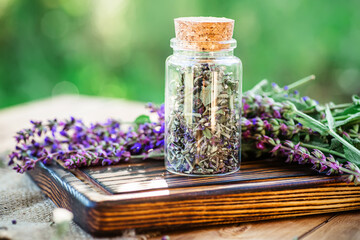 Salvia pratensis , meadow clary or meadow sage purple fresh flowers near mortar with cooked dried herb. Medicinal herbs. self-medication. Collecting herbal plants for medicine and cosmetology