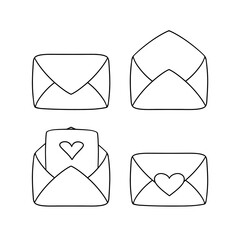 Monochrome icon set, romantic vintage envelope, letter for declaration of love, vector cartoon