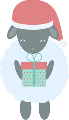 Sheep in santa hat holding a gift, flat illustration