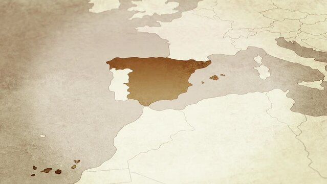 Vintage map showing Spain. From above zooming in.