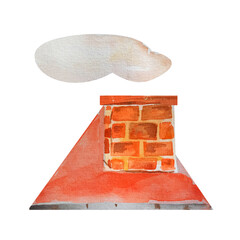 Red brick chimney on a red roof. There is smoke. Building element. watercolor illustration.