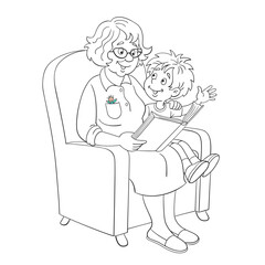 Cute grandmother and funny grandson are reading a book while sitting on an armchair. In cartoon style. Black and white picture for coloring book. Isolated on white background. Vector illustration.