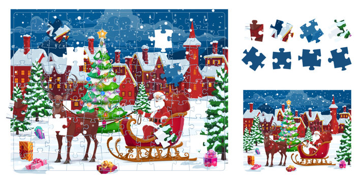 Christmas landscape with santa sleigh. Jigsaw puzzle game pieces. Vector logic maze, worksheet for child developing spatial thinking. Connect details of picture riddle page for kids, brain teaser task