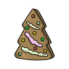 Festive gingerbread, cookies with colored sugar glaze in the shape of a Christmas tree. Vector cartoon